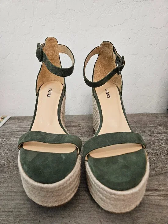 L'AGENCE Avice Green Suede Espadrille Wedge Platform Sandal 7.5