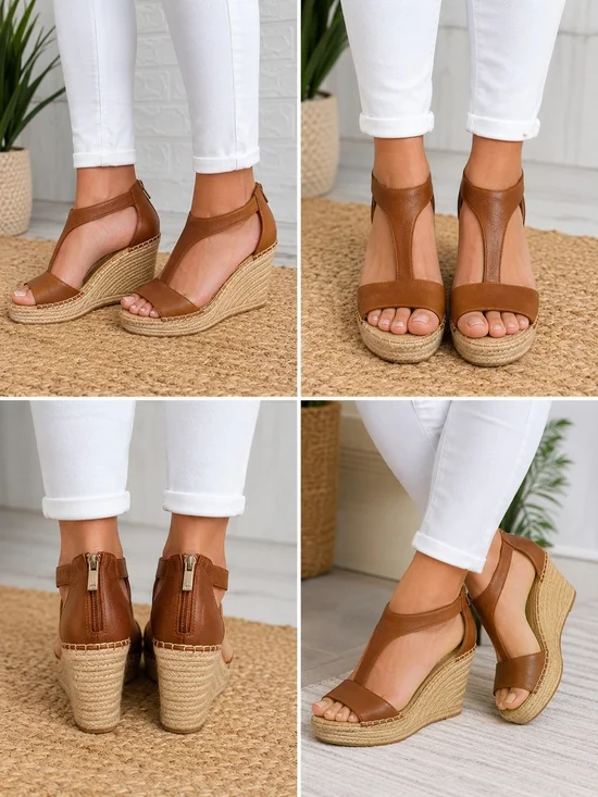 Kenneth Cole Olivia Leather Espadrille Wedge Sandals Brown Size 8.5