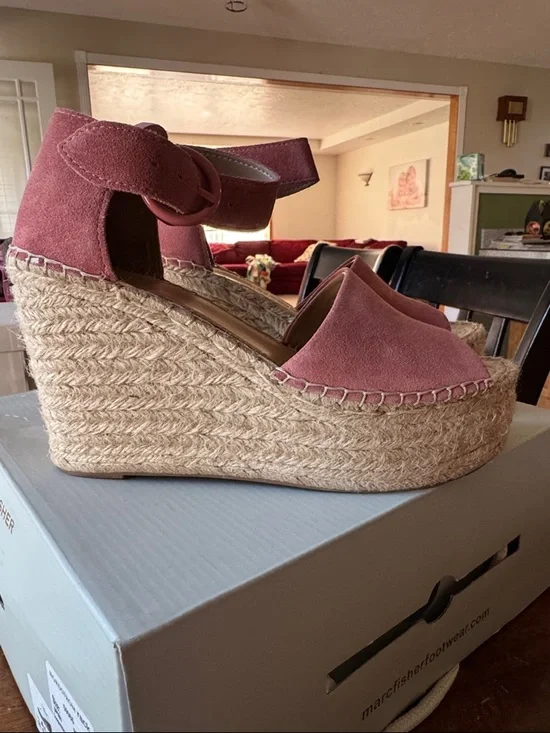 Marc Fisher Pink Suede Espadrille Wedges with Ankle Strap