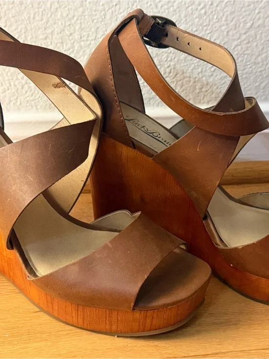 Lucky Brand Tan Brown Leather Platform Wedge Sandals