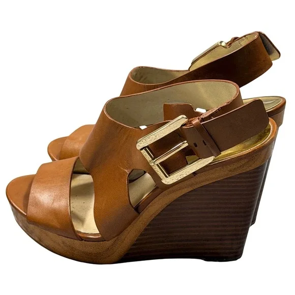 Michael Kors Wedge Sandals Womens Tan Leather Wood Platform Gold Buckle Boho