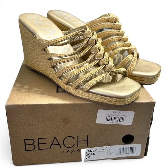 Beach by Matisse Laney Gold Rattan‎ Wedge Sandal Women Size 9 Braided Raffia
