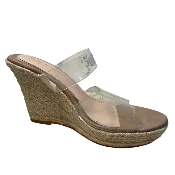 Juicy Couture‎ Cristene Clear Rhinestone Logo Espadrille Wedge Sandals Tan 9.5