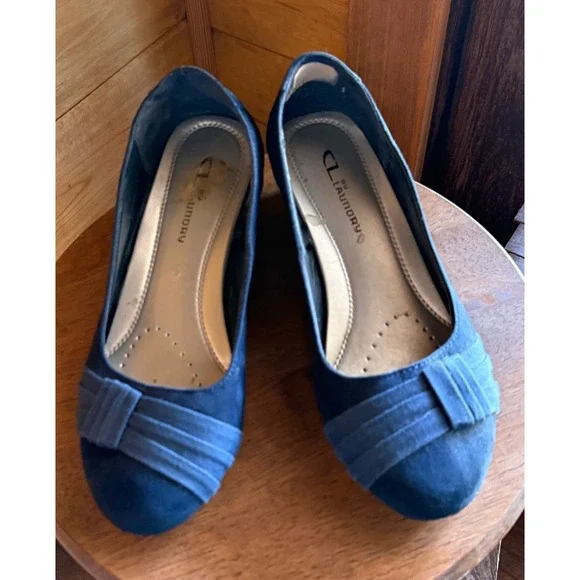 CL by Laundry Women‎ Navy Blue Wedge Pumps Pleated Round Toe Size 6.5 M