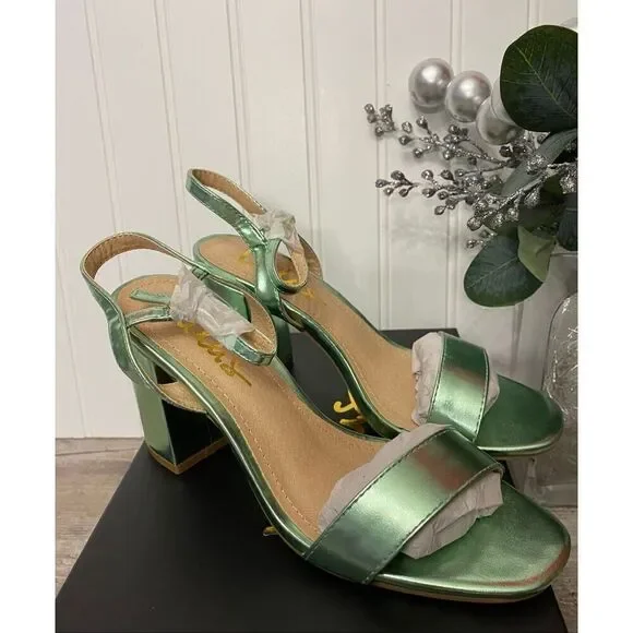 Lulus Womens Metallic Green Sandal High Heel Wedge Shoe Sz 6