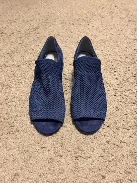 Eileen Fisher Wink Open Toe Pumps Navy Blue Vero Cuocio Suede Size 7.5