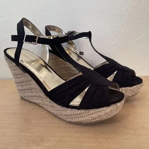 NEW Attention Women's Horizon Sz 8 Black Gold Velvet Wedge Heel Shoes With‎ Tags