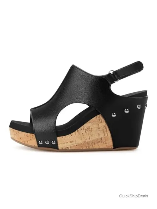 Wedge Sandals with Adjustable Ankle Strap, Cork Sole, 3 Inch Heel