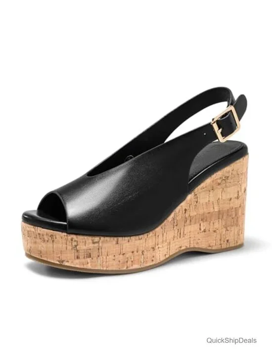 Women's Platform Wedge Sandals Cork Heel Peep Toe Slingback Summer Beach Shoes