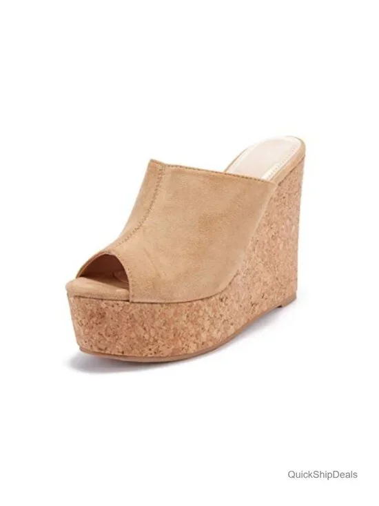 Wedge Platform Slide Sandals Open Toe Faux Suede Cork Sole Dress Summer Slippers