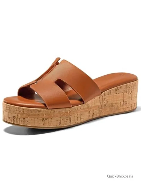 Women's Platform Wedge Sandals Open Toe Slip On Slides Cork Heeled Cutout