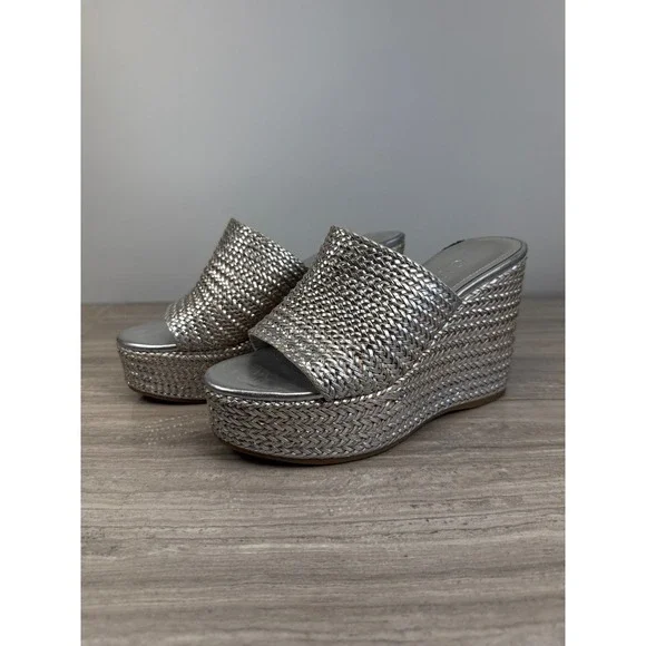 Guess Yenisa Silver Metallic Woven Platform Wedge Sandals Women's 7 Glam Y2K