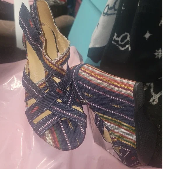 Boho Striped Wedge Sandals Navy Multi Color‎ Strappy Espadrille Size 35