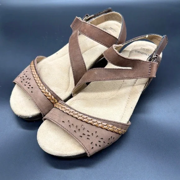 Earth Origins Kendra Karla Bark Brown Leather Wedge Sandals Womens 8.5M 2019S