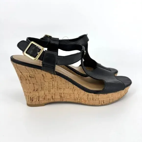 Franco Sarto Corridor Leather‎ T-Strap Cork Wedge Sandals Black Size 7.5