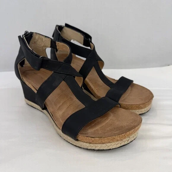 Adrienne Vittadini Thurston Black Strappy Espadrille Wedge Sandals Womens 7.5M