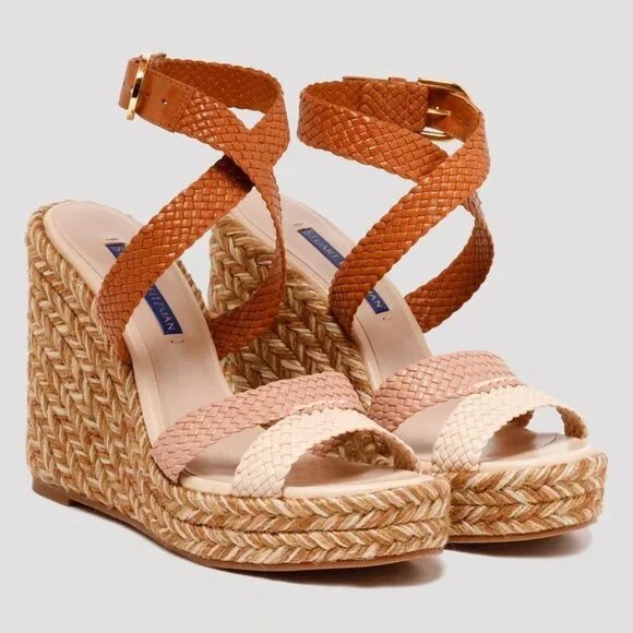 Stuart Weitzman Multicolor Woven Leather Wedge Ankle Strap‎ Sandals Size 8