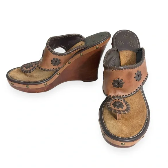 JACK ROGERS Marbella Wooden Wedge Whipstitched Leather Sandals