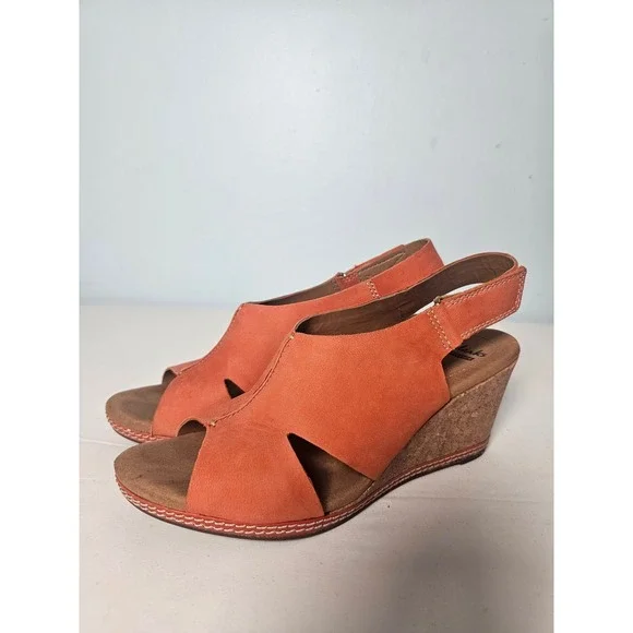 Boho Clarks Collection Wedge Sandals Womens 8.5 Orange Leather Cutout 26118392