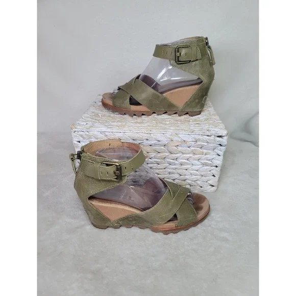 Sorel Ella II Wedge Sandals Sage Green Leather Ankle Strap Gladiator Size 8 Vaca