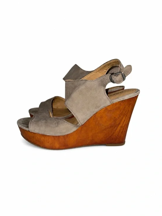 Lucky Brand Taupe Suede Wedge Sandals with Wooden Platform