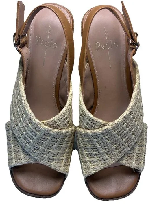 Linea Paolo Edith Raffia Wedge Sandals 7.5M Straw Platform Cross Strap Boho