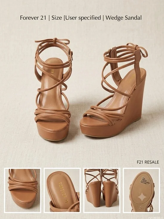 Forever 21 Tan Faux Leather Strappy Platform Wedge Sandals, Size 7.5