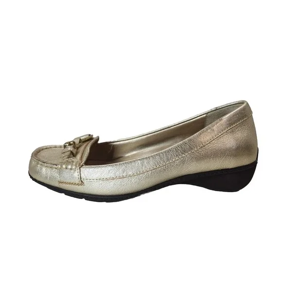 LRL Ralph Lauren Women's 6 B Metallic Gold Wedge Shoes Comfort Leather Slip On