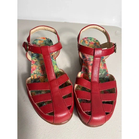 Alegria Summer Red Leather Wedge Sandal T-Strap Cage Toe Floral Footbed 38 8-8.5