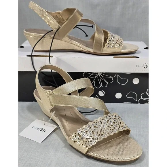 East‎ 5th Gladie Gold Wedge Sandals Rhinestone Dress Shoes Womens 8.5M 106-0208