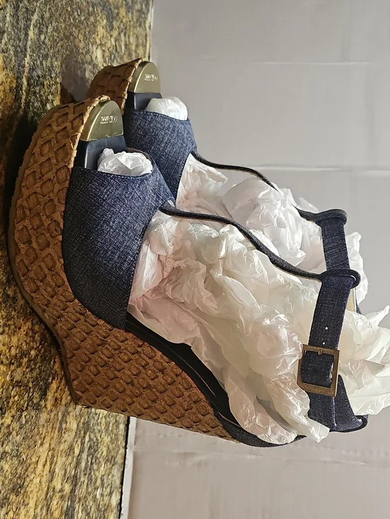 Jimmy Choo Pela Denim Blue T- Strap Wedge Sandals