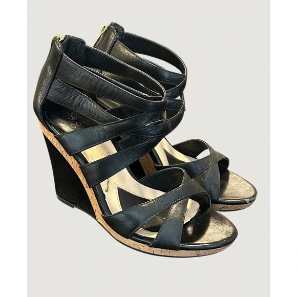 Isola Black Leather Strappy Wedge Sandals Cork Platform Back Zip Heels