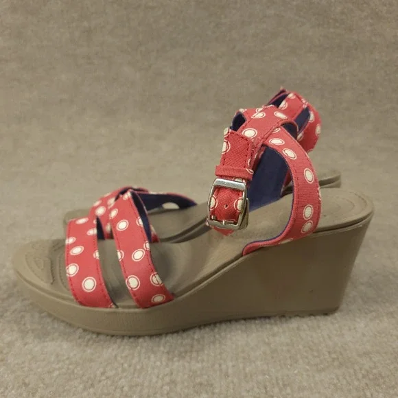Crocs A-Leigh Wedge Sandals Womens 8 Red White Polka Dot Canvas Strappy 15313