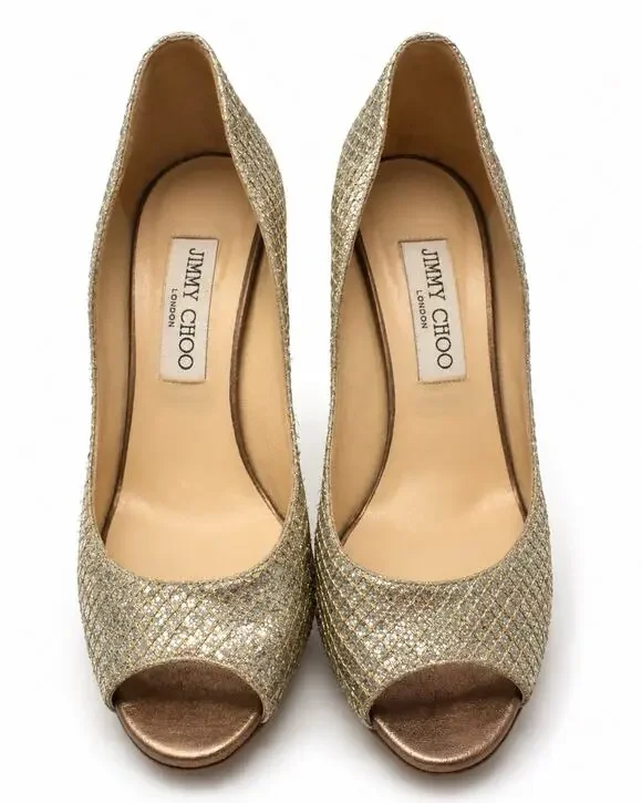 Jimmy Choo Metallic Glitter Peep Toe Wedge Heels – Women’s EU 36.5 / US 6–6.5