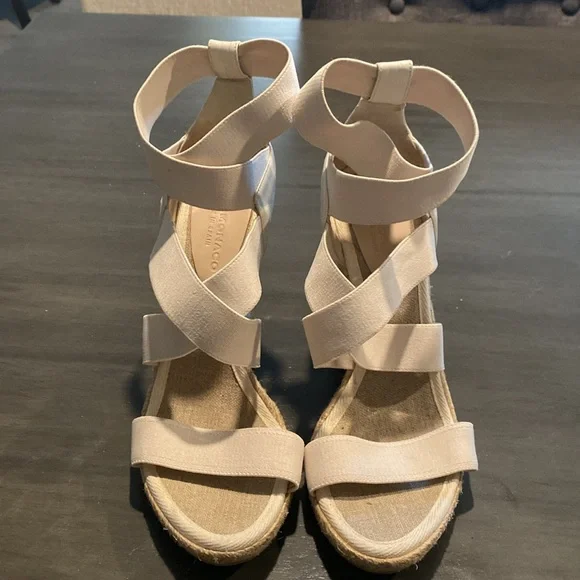 Club Monaco Blush Beige Elastic-Strap Wedge Sandals