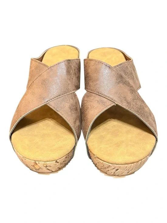 Women’s Cork Wedge Slide Sandals | Brown Criss Cross | Size 10 | NEW NWOB