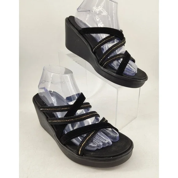Skechers Cali Rumble On Classy Way Wedge Sandals Womens 7 Black Strappy Shimmer