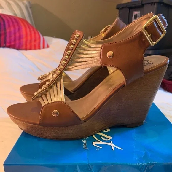Brown and gold wedges. Extremely comfortable