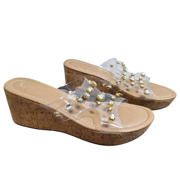 Comfort Women's Size 9M Tan Clear PVC Straps Rhinestones Cork Wedge Sandals