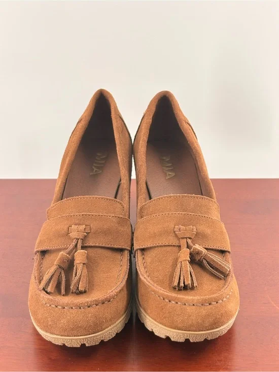 MIA Tan Suede Tassel Wedge Loafers