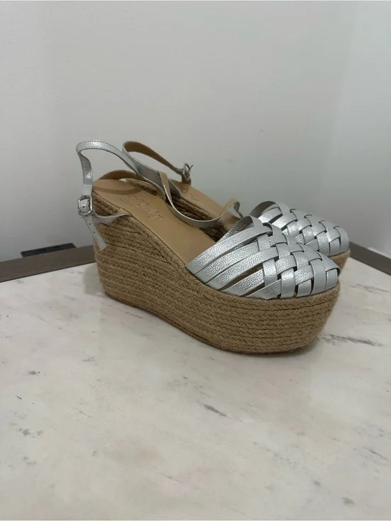 Metallic Silver Woven Espadrille Platform Wedge Sandals