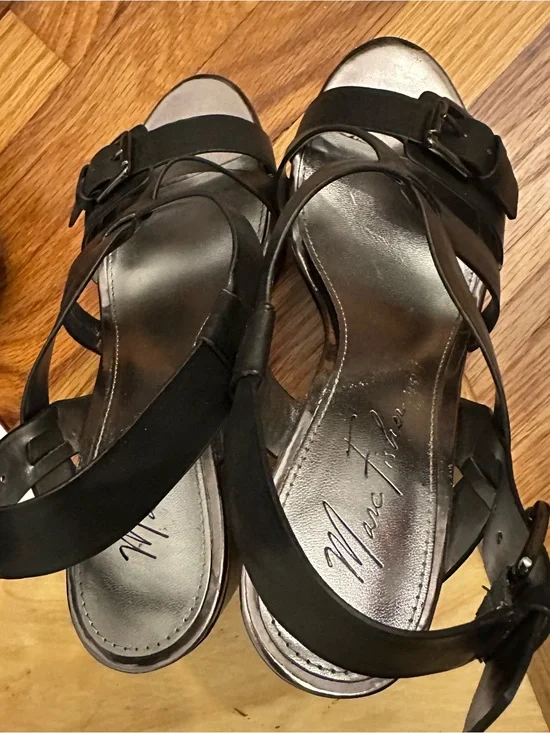 Marc Fisher Black Leather Strappy Wedge Sandals