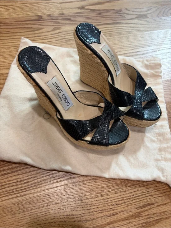 Jimmy Choo Black Snakeskin Espadrille Wedge Sandals