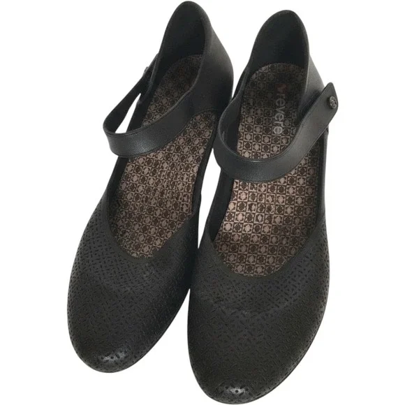 Revere Osaka Black Laser Cut Leather Mary Jane‎ Wedge Shoes Womens 10M