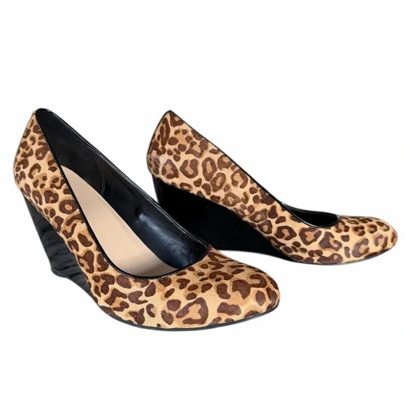 Cole Haan Leopard Print Calf Hair Black Patent Wedge Heels Size 8
