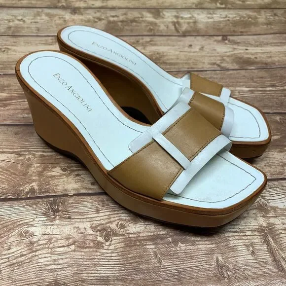 Enzo Angiolini Slide Wedge Sandals Open Toe‎ Wide Strap Women's 6.5 Mellan