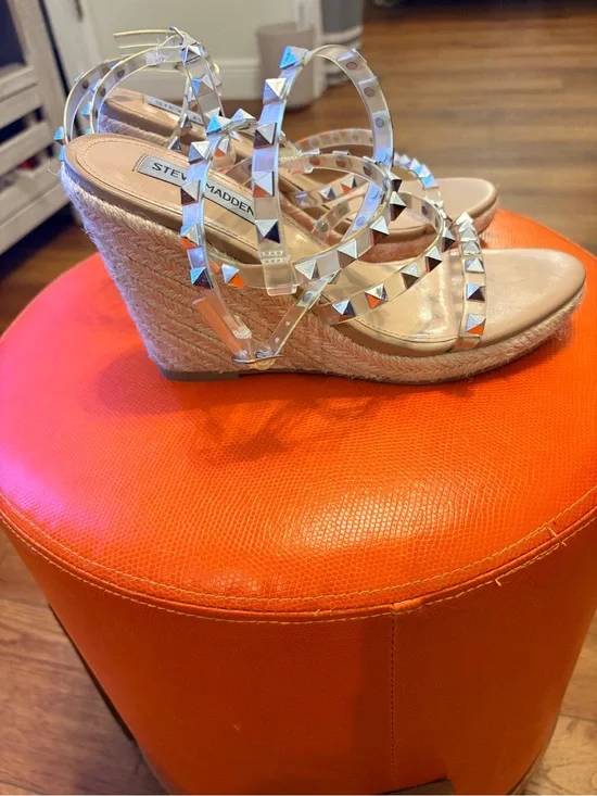 Steve Madden Clear Studded Espadrille Wedges with Metallic Accents