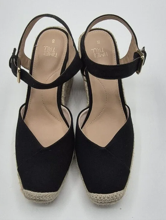 Time and Tru Black Espadrille Wedge Sandals with Ankle Strap