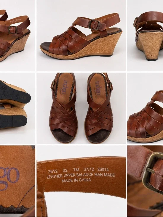 Indigo Brown Leather Woven Cork Wedge Sandals