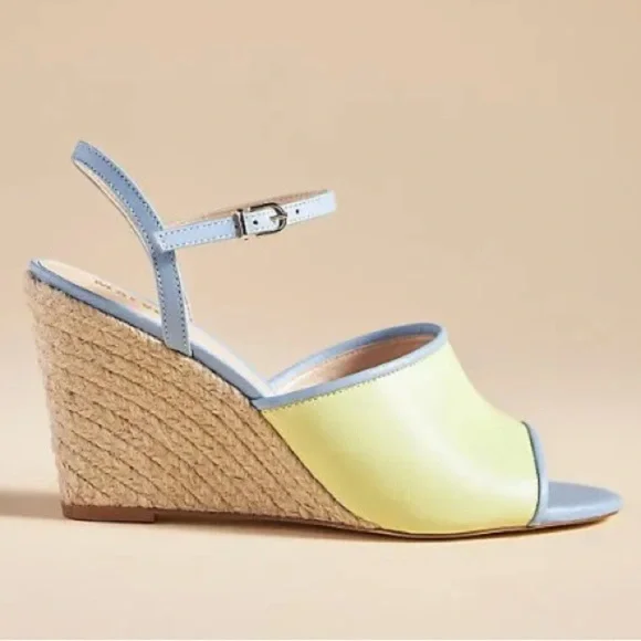 NWOB Anthropology Maeve Yellow & Blue Leather & Raffia Wedge Heel (8)
